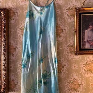 Vintage Inner Most Aqua Satin Floral Slip Dress Strappy Y2K Lingerie Nightgown M